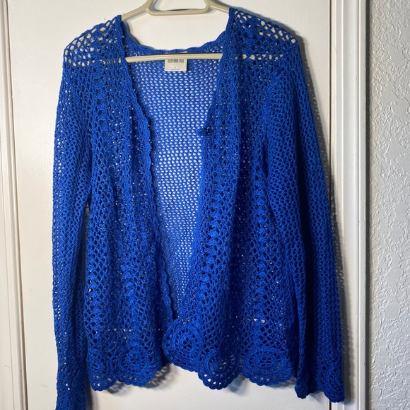Bedford Fair Sweaters - Bedford Fair Royal Blue Crochet Open Front Cardigan Scalloped Hem Size Large